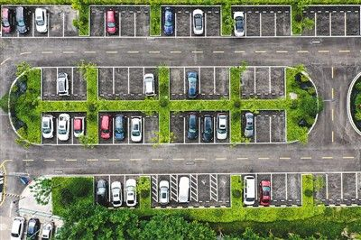 Aerial view of a parking lot with shared parking spaces